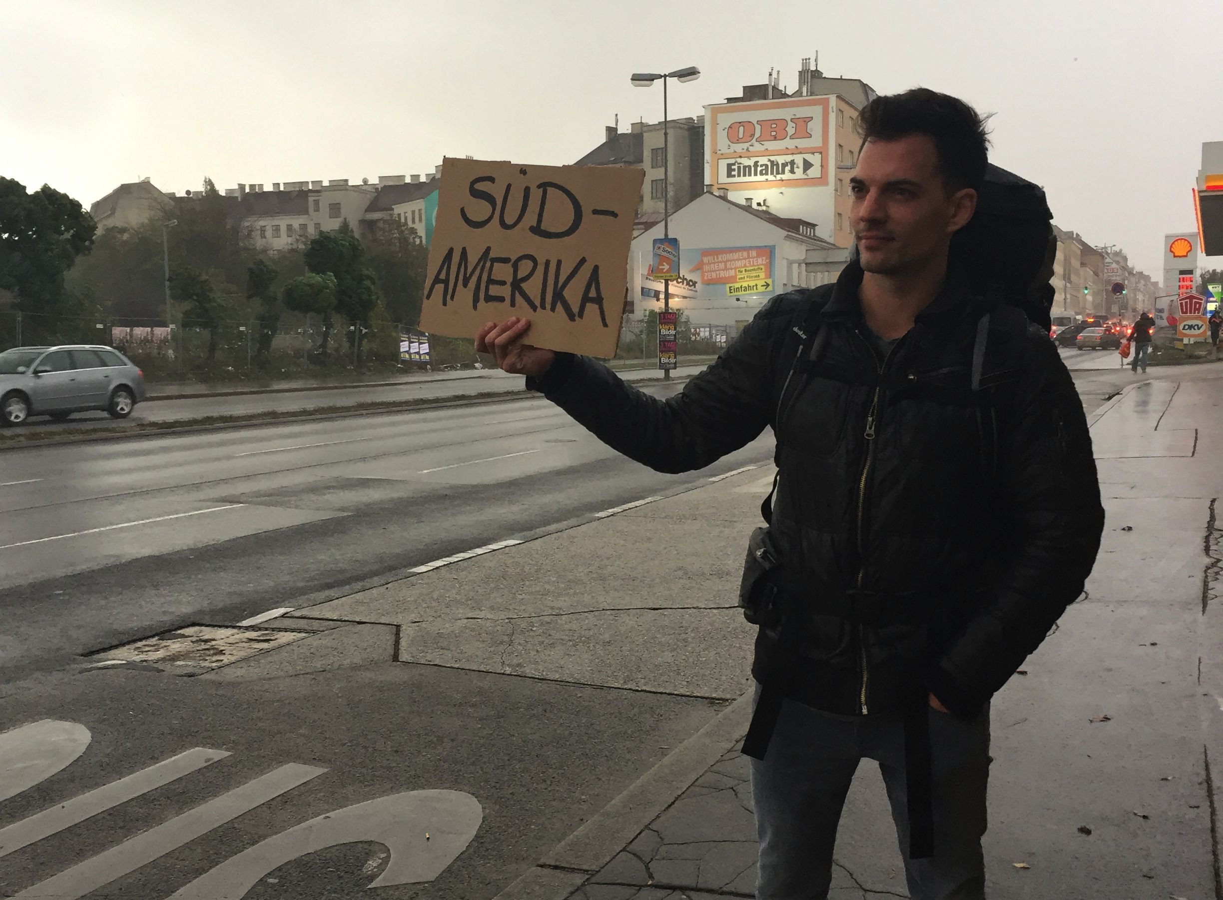Jakob Horvat hitchhiking from Vienna to America